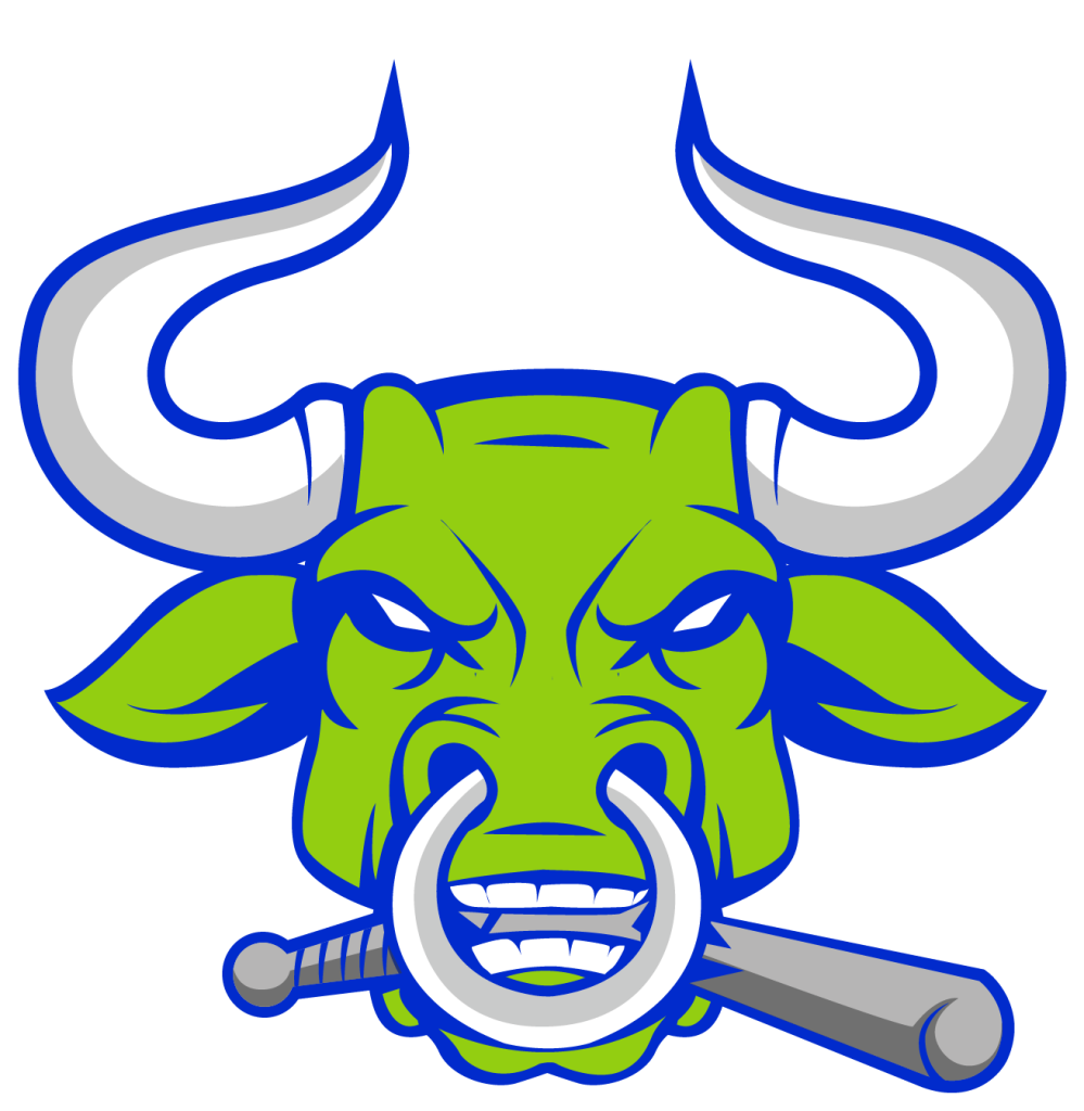 A green bull with horns and a baseball bat.